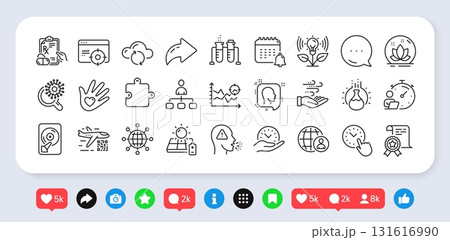 Seo analysis, Wind energy and Social responsibility line icons pack. Social media: share, comment, like icons. Qr code, Lotus, Cloud sync web icon. Safe time, Puzzle, Calendar pictogram. Vector 131616990