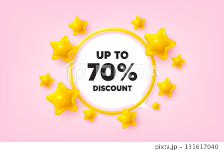 Discount tag frame banner. Speech bubble offer. Up to 70 percent discount. Sale offer price sign. Special offer symbol. Save 70 percentages. 3d stars glitter tag. Golden frame banner. Vector Discount tag frame banner. Speech bubble offer. Up to 70 percent discount. Sale offer price sign. Special offer symbol. Save 70 percentages. 3d stars glitter tag. Golden frame banner. Vector 131617040
