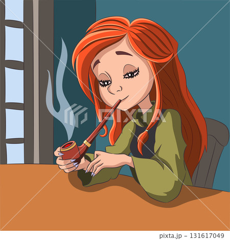 Redhead woman smoking pipe vector illustration 131617049