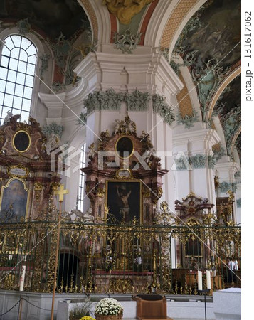 Intricate interior of a historic church featuring ornate architecture and decorative elements 131617062