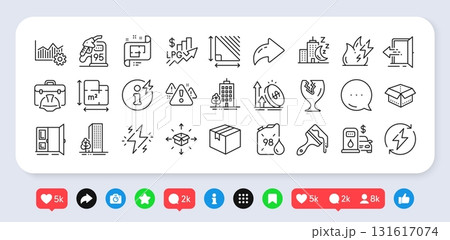 Construction toolbox, Filling station and Rise price line icons pack. Social media: share, comment, like icons. Power, Excise duty, Petrol station web icon. Vector Construction toolbox, Filling station and Rise price line icons pack. Social media: share, comment, like icons. Power, Excise duty, Petrol station web icon. Vector 131617074