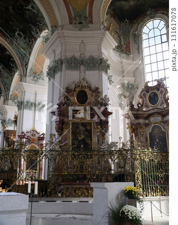Stunning interior of a historic church showcasing intricate architectural details and artful decorations 131617078