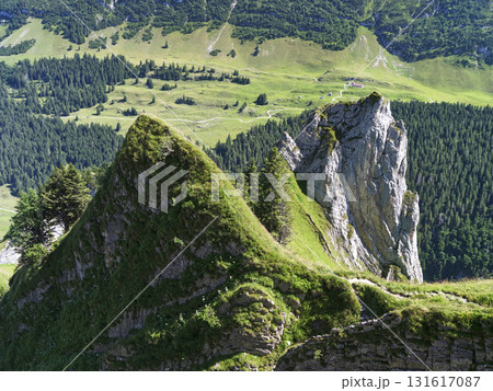 Stunning mountain landscape with rocky peaks and lush green valleys in the Swiss Alps during summer Stunning mountain landscape with rocky peaks and lush green valleys in the Swiss Alps during summer 131617087