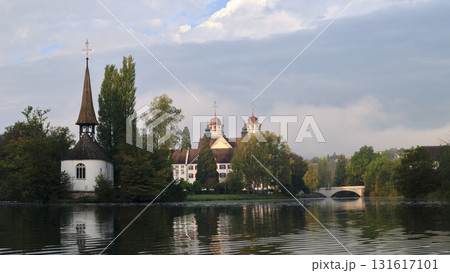 Beautiful scenery of a lake with trees and historic buildings during daylight 131617101