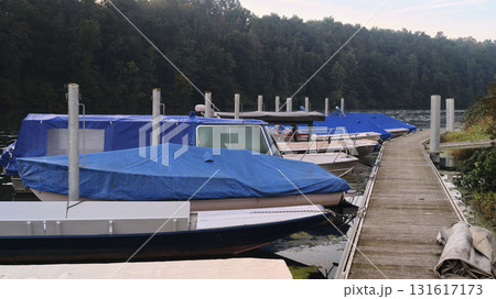 Docked boats covered with blue tarps at a peaceful marina in early morning light 131617173