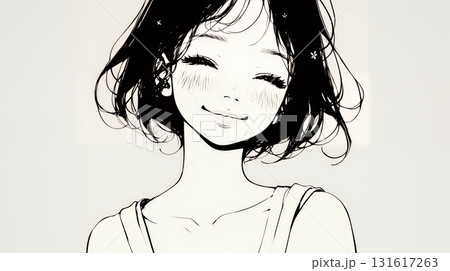 「うふふ」と微笑んでいる若い女性（シンプルな色使い）