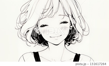 「うふふ」と微笑んでいる若い女性（シンプルな色使い）