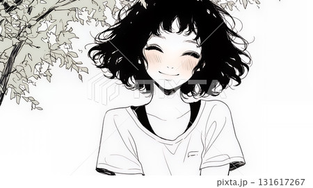 「うふふ」と微笑んでいる若い女性（シンプルな色使い）