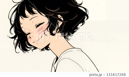 「うふふ」と微笑んでいる若い女性（シンプルな色使い）