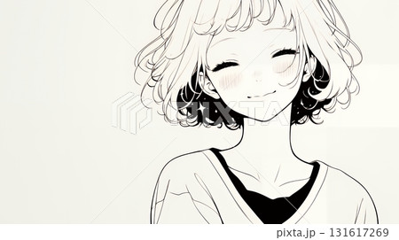 「うふふ」と微笑んでいる若い女性（シンプルな色使い）