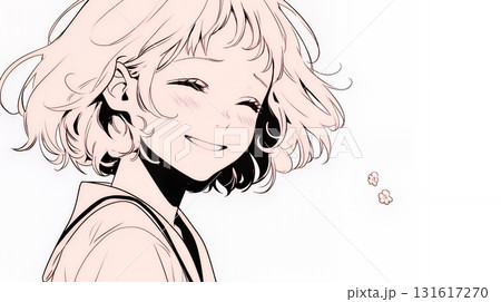 「うふふ」と微笑んでいる若い女性（シンプルな色使い） 131617270