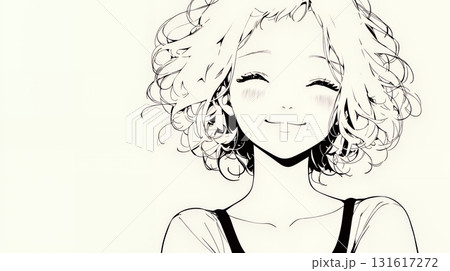 「うふふ」と微笑んでいる若い女性（シンプルな色使い）