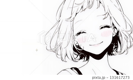 「うふふ」と微笑んでいる若い女性（シンプルな色使い）