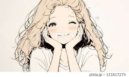 「うふふ」と微笑んでいる若い女性（シンプルな色使い） 131617274