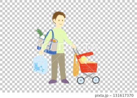 買い物帰りの赤いベビーカーを押す男性 131617370