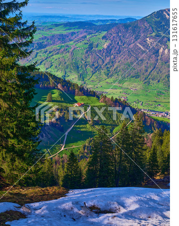 Stunning panoramic view of lush green hills and winding roads in the Swiss Alps captured in springtime sunlight 131617655