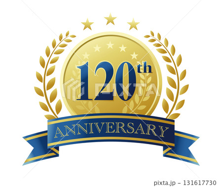 120周年記念のアイコン。青いリボンとメダルと装飾フレーム。 131617730