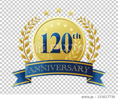 120周年記念のアイコン。青いリボンとメダルと装飾フレーム。 131617730