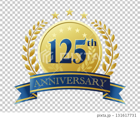 125th anniversary icon. Blue ribbon and medal with decorative frame. 125th anniversary icon. Blue ribbon and medal with decorative frame. 131617731
