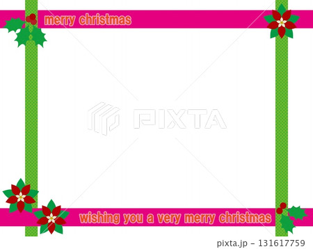 メリークリスマス　merry christmas　フレーム　白背景　ポインセチア　柊　ドット 131617759