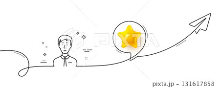 Man line icon. Continuous line with share plane. User or businessman person sign. Male silhouette symbol. 3d star in speech bubble. Businessman person single line ribbon. Loop curve pattern. Vector 131617858