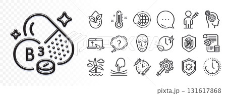 Thermometer, Thoughts and Face biometrics line icons for web app. Glare of light effect. Message icon. Pack of Windmill, World water, Fingerprint pictogram icons. Vector 131617868
