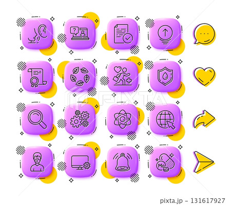 Organic tested, Monitor settings and Faq line icons. App 3d buttons. Social media comment, share, like icons. Pack of Bell alert, Medical mask, Atom core icon. Vector Organic tested, Monitor settings and Faq line icons. App 3d buttons. Social media comment, share, like icons. Pack of Bell alert, Medical mask, Atom core icon. Vector 131617927
