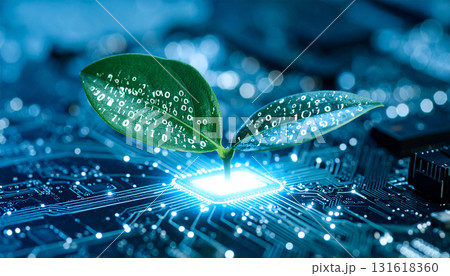 Mechanical Plant Growing Binary Leaves. Artificial Intelligence concept. Generated Image 131618360
