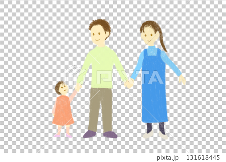 笑顔で手を繋ぐ子育て中の若い3人家族 笑顔で手を繋ぐ子育て中の若い3人家族 131618445