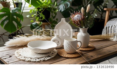 White Ceramic Tableware and Protea Flower Arrangement on Rustic Wooden Table Surrounded by Green Plants in Natural Indoor Light 131618490