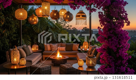 Beautiful Lit Patio with Ornate Lanterns and Bougainvillea at Sunset Featuring Outdoor Furniture Fire Pit Garden and Warm Illumination With Twilight Glow Beautiful Lit Patio with Ornate Lanterns and Bougainvillea at Sunset Featuring Outdoor Furniture Fire Pit Garden and Warm Illumination With Twilight Glow 131618511
