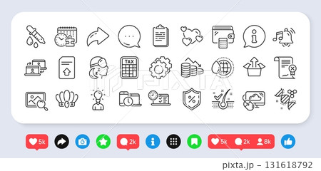 Chemistry pipette, Reject certificate and Clipboard line icons pack. Social media: share, comment, like icons. Cloud computing, Online test, Anti-dandruff flakes web icon. Vector 131618792