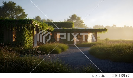 Sunlit Modern Home Exterior Featuring Ivy Covered Facade in a Mist Landscape with Gravel Path and Warm Interior Lighting During Daytime Sunlit Modern Home Exterior Featuring Ivy Covered Facade in a Mist Landscape with Gravel Path and Warm Interior Lighting During Daytime 131618957