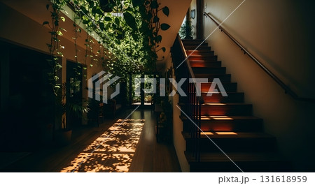 Sunlit Stairwell with Green Plants Casting Shadows on Wooden Steps in a Serene Indoor Space 131618959
