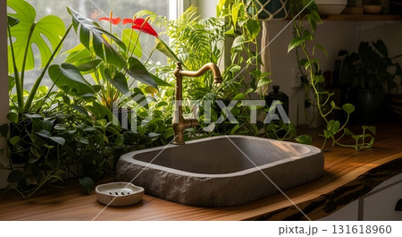 Sunlit Stone Kitchen Sink with Brass Faucet Surrounded by Green Plants Near a Bright Window Creates a Serene Indoor Home Environment Sunlit Stone Kitchen Sink with Brass Faucet Surrounded by Green Plants Near a Bright Window Creates a Serene Indoor Home Environment 131618960