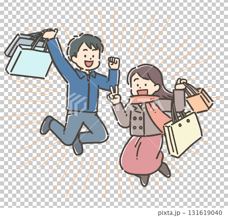 買い物をして喜ぶ若い男女 131619040