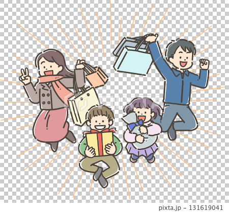 買い物をして喜ぶ4人家族 買い物をして喜ぶ4人家族 131619041