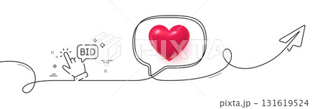 Bid offer line icon. Continuous line with share plane. Auction sign. Raise the price up symbol. 3d heart in speech bubble. Bid offer single line ribbon. Loop curve pattern. Vector 131619524