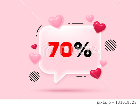 Discount glass speech bubble. Social media concept. 70 percent off sale tag. Discount offer price sign. Special offer symbol. 3d hearts love speech bubble. Vector 131619525