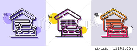 Garage line icon. Halftone dotted pattern. Gradient icon with grain shadow. Car house sign. Home transport parking symbol. Line garage icon. Various designs. Vector 131619558