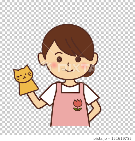 穿著圍裙的保育老師的插圖。保育老師，女人，絨毛玩具，圍裙，老師，托兒所，幼兒園，上身， 131619755