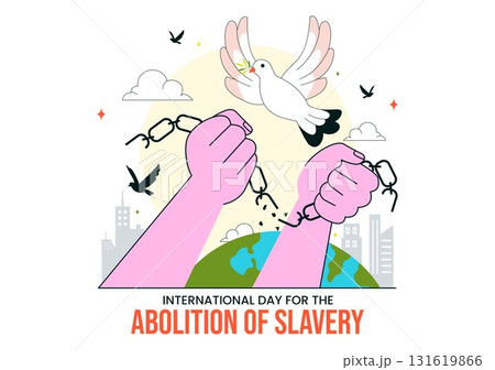 International Day for the Abolition of Slavery Illustration on December 2, Featuring Handcuffs, Broken Chains, and Flying Pigeons in a Background 131619866