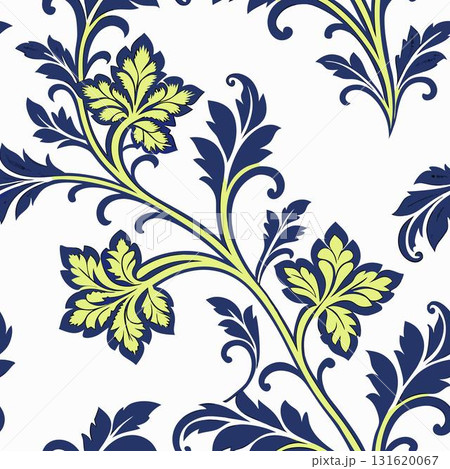 The image is a floral pattern featuring stylized leaves and swirling branches in shades of blue and yellow on a white The image is a floral pattern featuring stylized leaves and swirling branches in shades of blue and yellow on a white 131620067