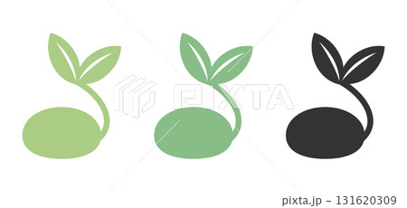 芽が出た種子のフラットイラストセット|優しい緑・濃い緑・黒・エコ・オーガニック 芽が出た種子のフラットイラストセット|優しい緑・濃い緑・黒・エコ・オーガニック 131620309