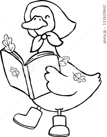 Fall Bookish Silly Goose Reading Book, cottagecore hand drawn Outline Black and white Fall Bookish Silly Goose Reading Book, cottagecore hand drawn Outline Black and white 131620642
