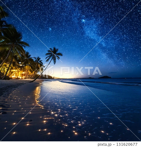 青い夜空と輝く星々、ホタルが灯す南国の夜の風景 131620677