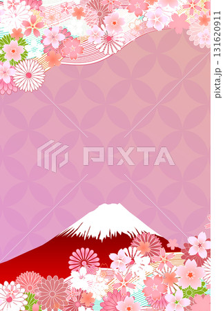 桜　富士山　和柄　年賀状　背景	 131620911