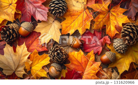 Close-up macro of brown acorns and nuts nestled among vibrant autumn leaves on the ground, hinting at the fall season's natureal sweetness 131620966