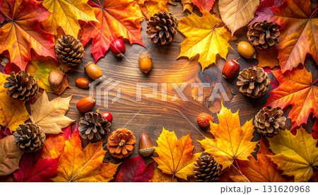 Close-up macro of brown acorns and nuts nestled among vibrant autumn leaves on the ground, hinting at the fall season's natureal sweetness 131620968