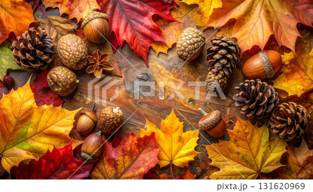 Close-up macro of brown acorns and nuts nestled among vibrant autumn leaves on the ground, hinting at the fall season's natureal sweetness 131620969